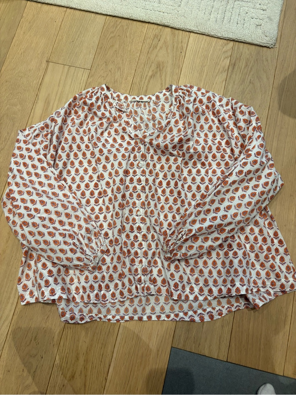 Doen White Floral Puff Sleeve Button Down Jane Blouse